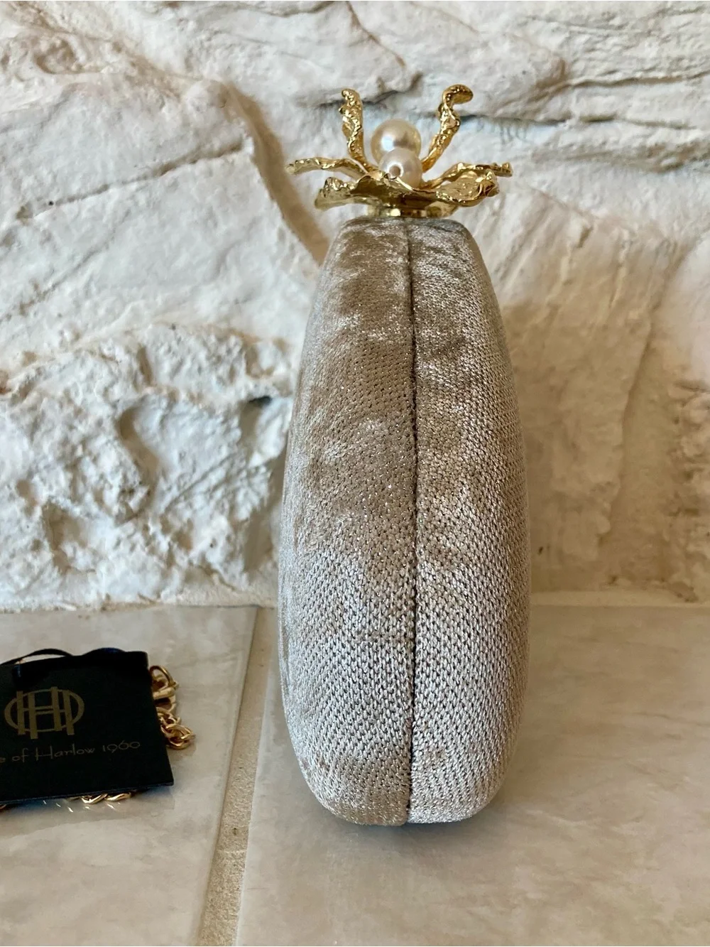 NWT House of Harlow 1960 Champagne Velvet Clutch with Gold Pearl Flower